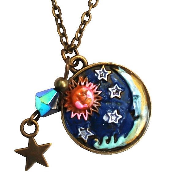 NEW Small Sun Moon and Stars Charm Necklace Hand Painted Design Boho Jewelry - Picture 1 of 6